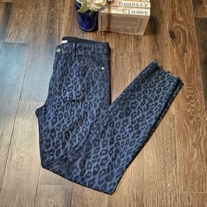 Sam Edelman Blue The Kitten Mid Rise Animal Print Leopard Raw Hem Skinny Jean 27
